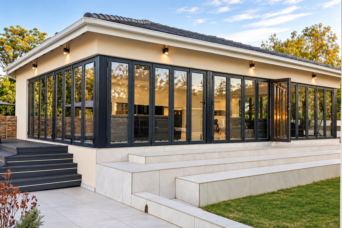 Modern rear exterior featuring extensive black-framed bi-fold doors, tiled patio steps, and composite decking, creating a seamless indoor-outdoor transition.