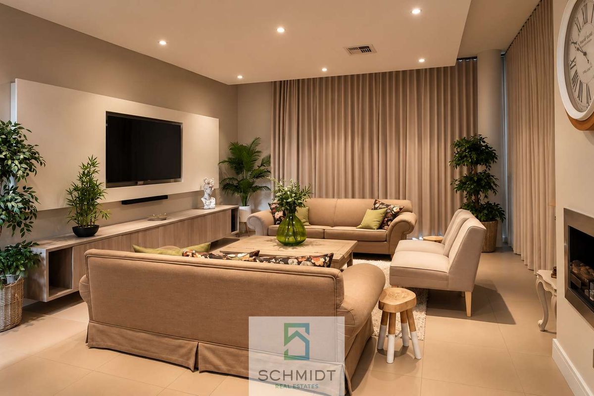 A modern, well-appointed living room featuring a built-in media console, integrated fireplace, recessed lighting, and neutral tiled flooring with elegant floor-to-ceiling drapery.