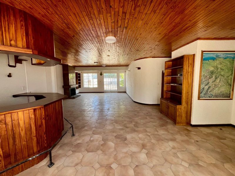 Spacious open-plan living area featuring a timber ceiling, built-in bar, fireplace, and built-in shelving, offering a versatile layout with direct access to the exterior.