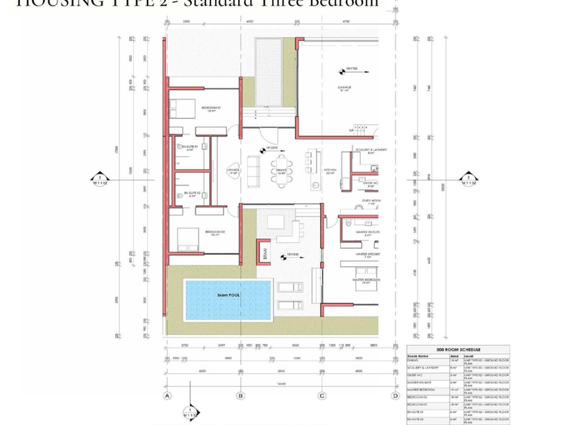 Architectural ground floor plan for a standard three-bedroom townhouse unit, detailing room layouts, dimensions, and pool area.