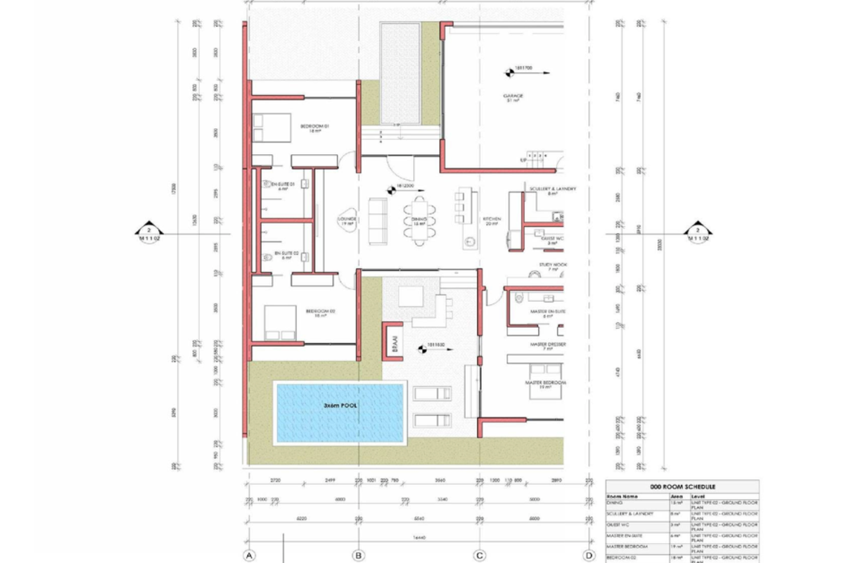 Architectural ground floor plan for a standard three-bedroom townhouse unit, detailing room layouts, dimensions, and pool area.