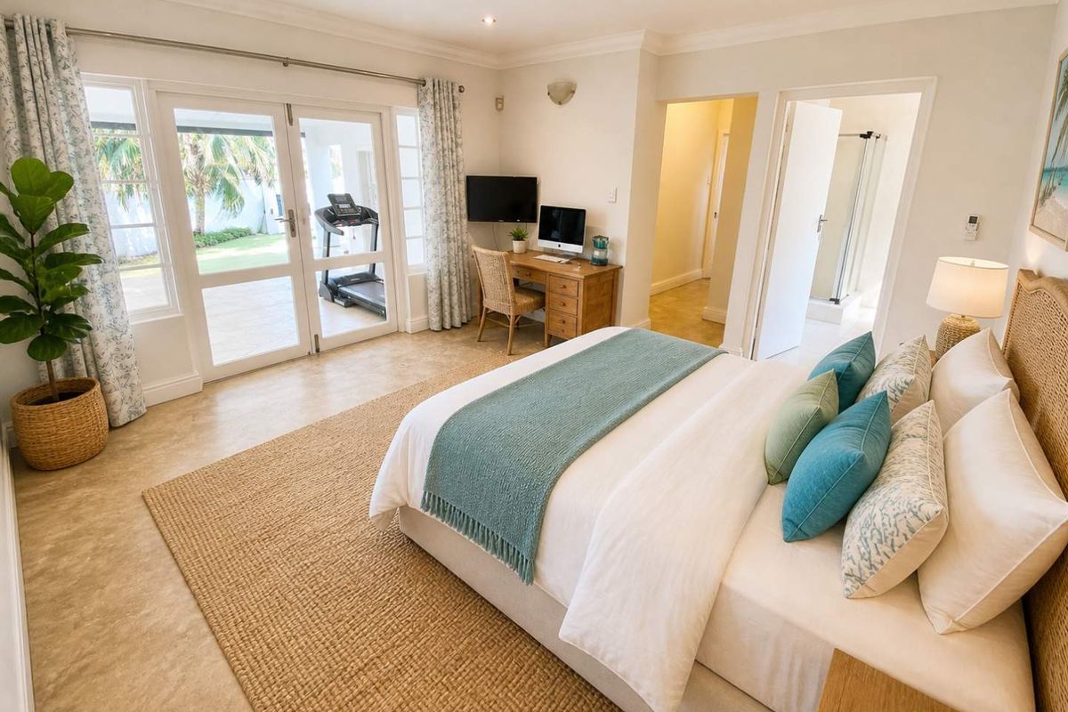 Spacious bedroom featuring tiled flooring, crown molding, and double glass doors providing direct access to the outdoor patio area.
