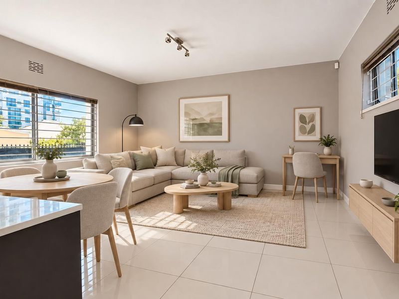 A bright and modern open-plan living and dining area featuring neutral tones, tiled flooring, and large windows with security bars.