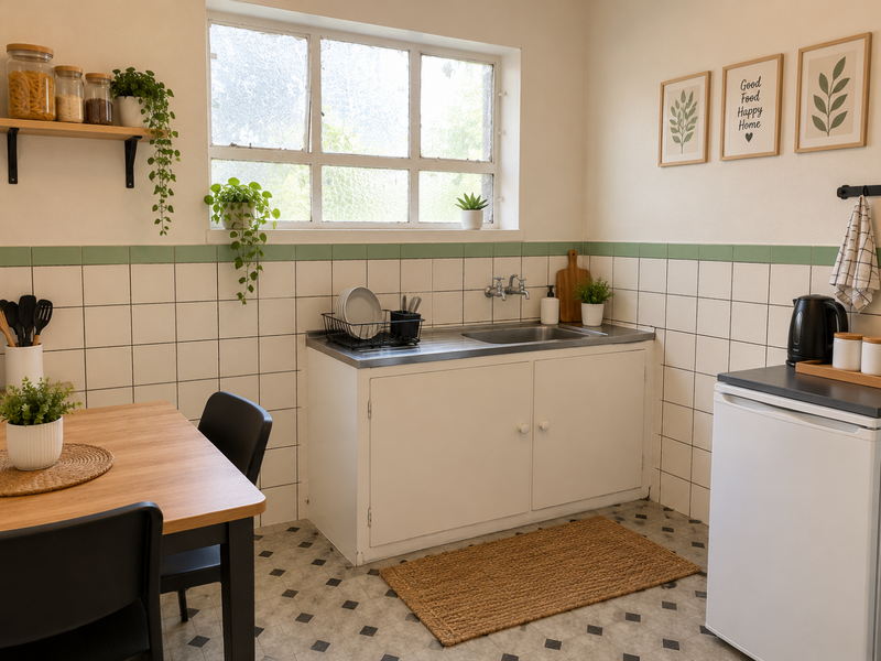 A functional kitchen area featuring a stainless steel sink, tiled splashback, and built-in cabinetry with a classic window providing natural light.