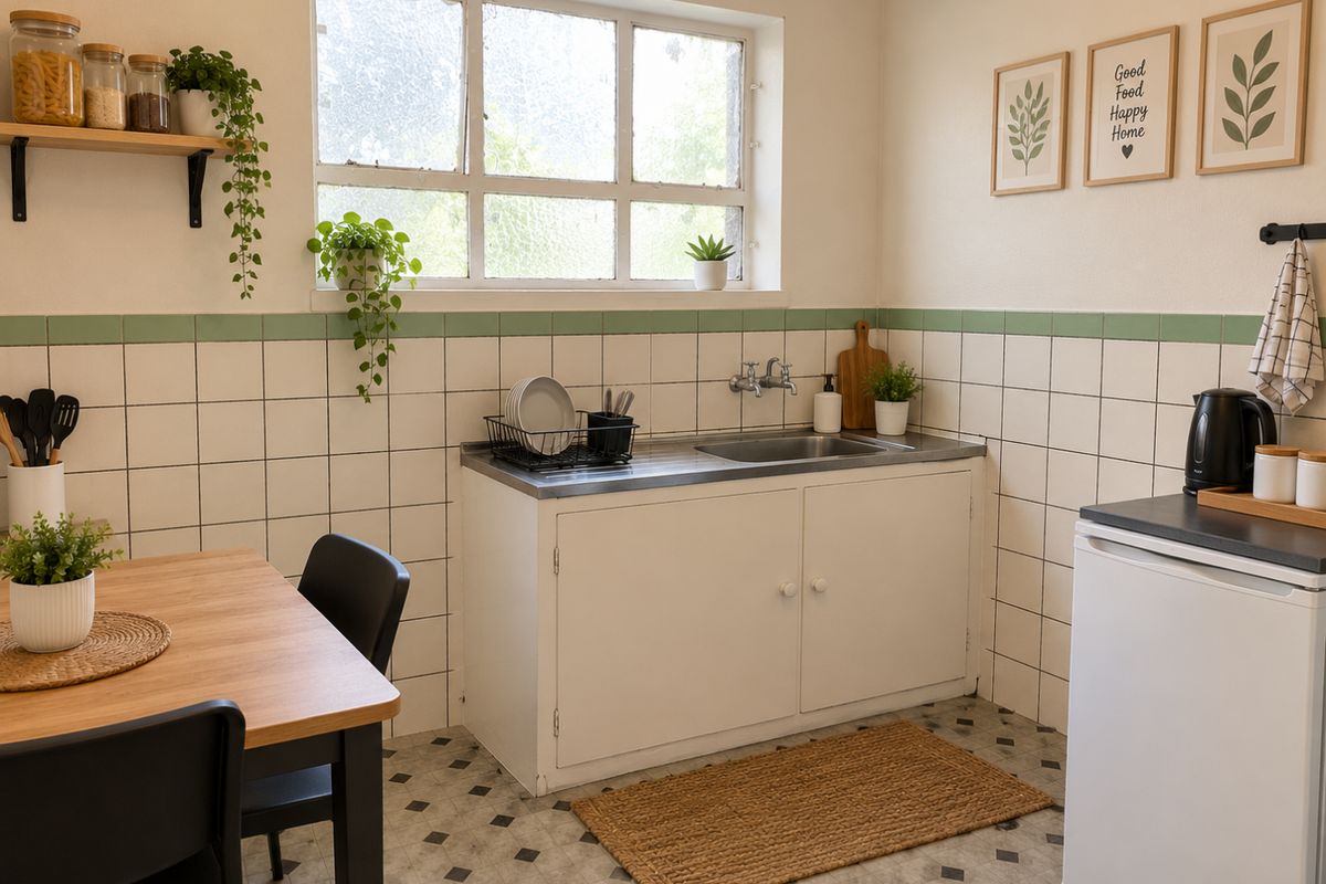 A functional kitchen area featuring a stainless steel sink, tiled splashback, and built-in cabinetry with a classic window providing natural light.