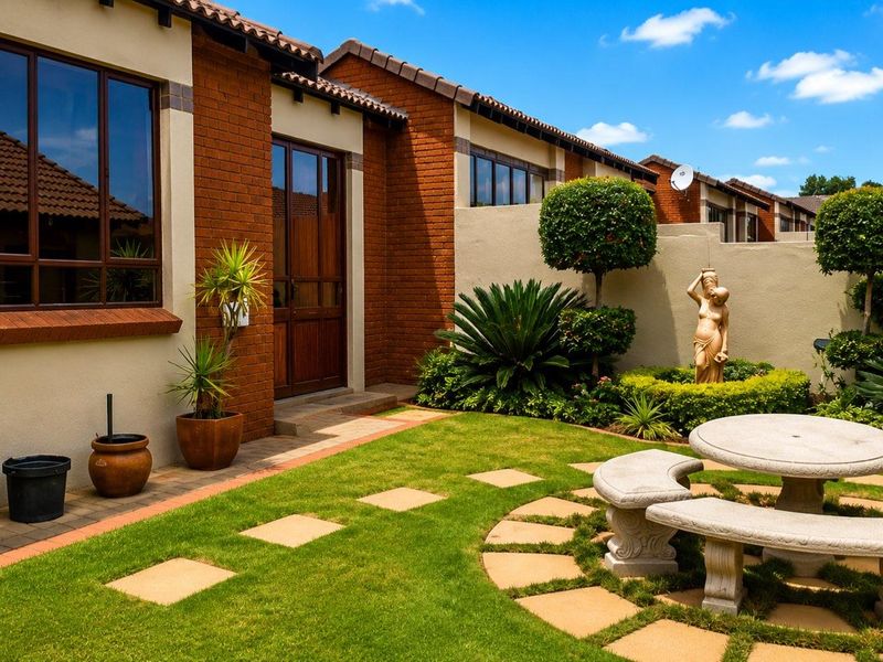A well-maintained rear garden area featuring a manicured lawn, paved stepping stones, and a brick-faced exterior wall with aluminium window frames.