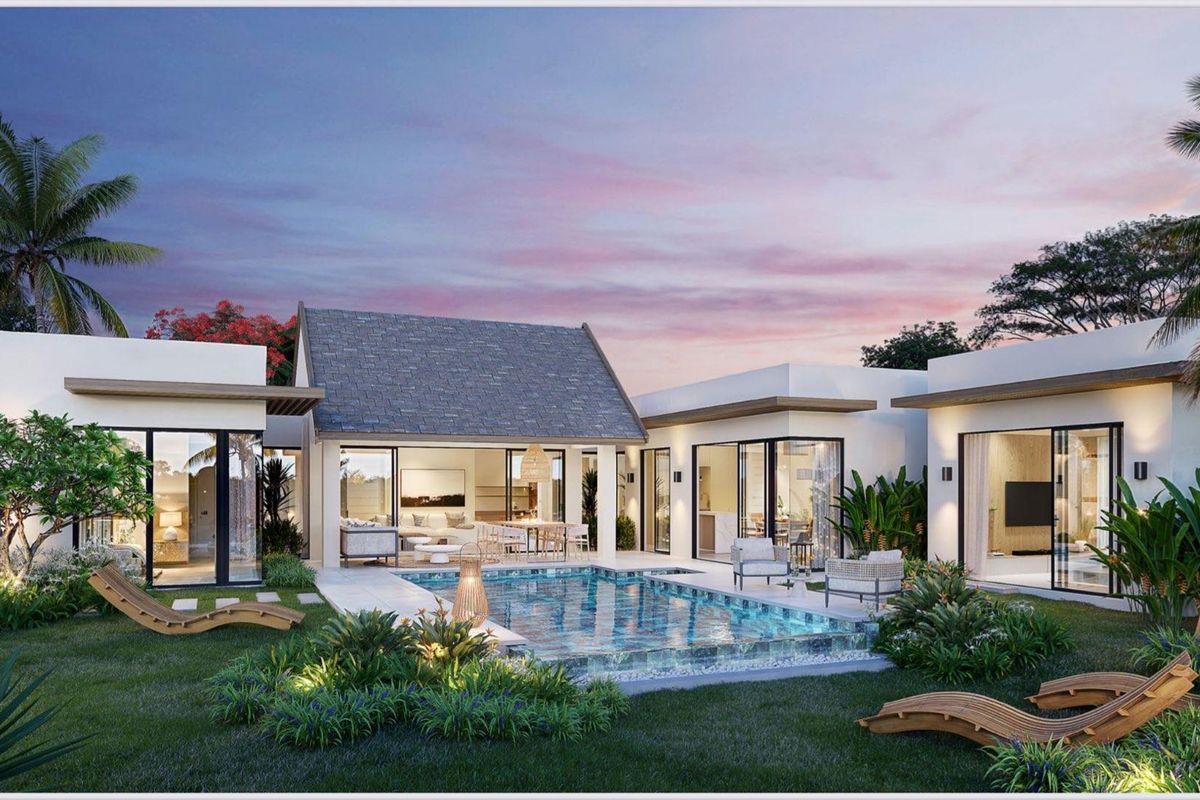 A modern architectural rendering of a luxury villa featuring a central swimming pool, landscaped garden, and seamless indoor-outdoor living spaces with large sliding glass doors.