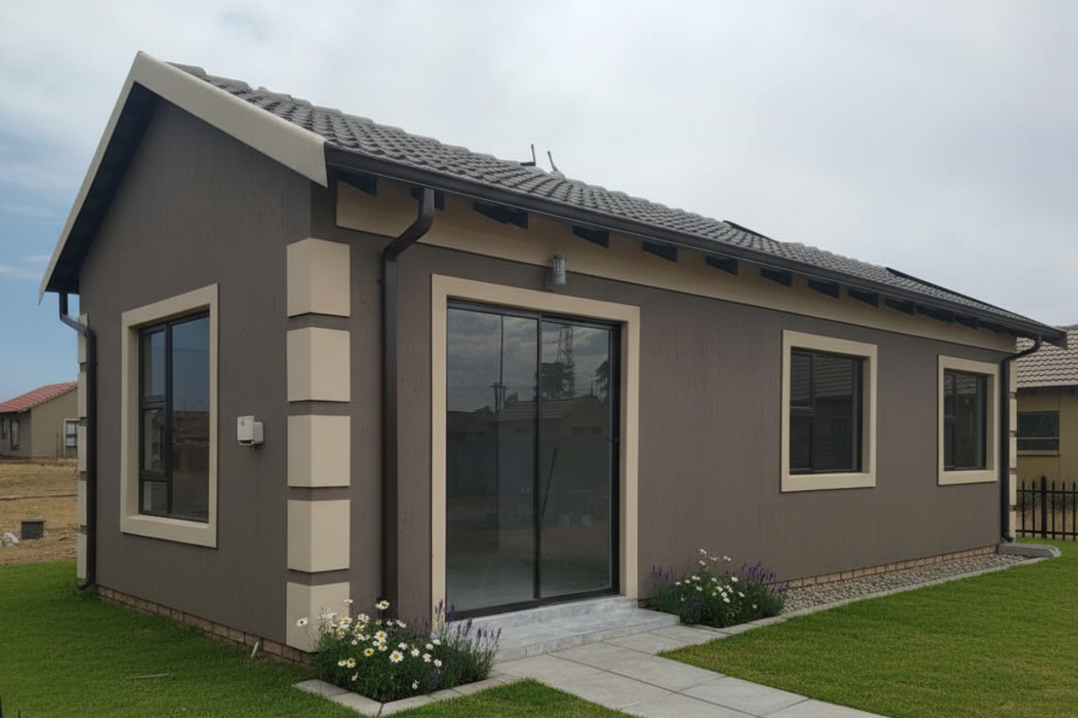 A well-maintained rear exterior view of a modern house featuring a tiled roof, dark-toned facade with contrasting trim, and sliding glass door access.