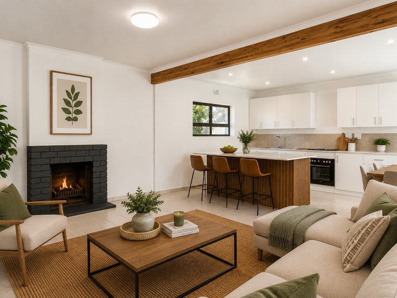 Spacious open-plan living and kitchen area featuring a brick fireplace, modern kitchen island, and clean, contemporary finishes throughout.