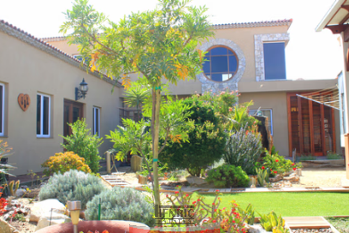 A well-maintained rear courtyard featuring landscaped garden beds, artificial lawn, and access to the main dwelling with distinctive circular window detailing.