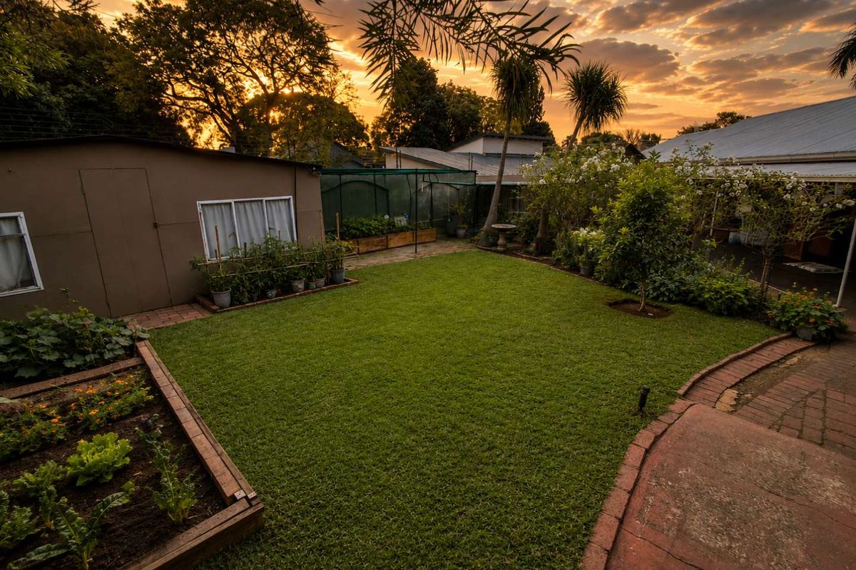 A well-maintained rear garden featuring a lush lawn, raised vegetable beds, brick pathways, and a functional outbuilding under a beautiful sunset sky.