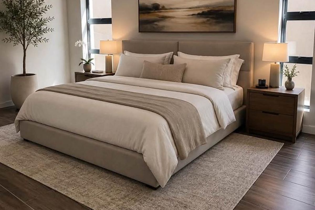 A well-appointed bedroom featuring modern tiled flooring, dual casement windows, and a wall-mounted split-system air conditioning unit.