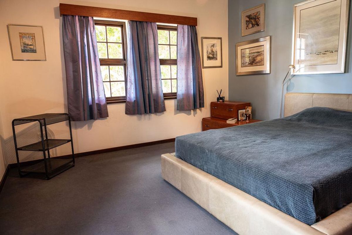 A bedroom featuring blue carpeting, timber-framed windows with a wooden pelmet, and a blue accent wall.