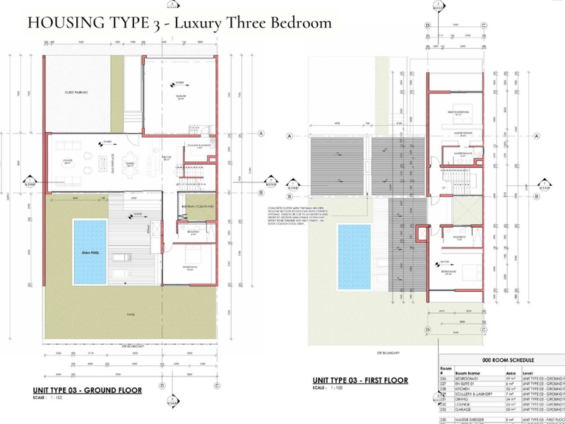 Architectural floor plan for a luxury three-bedroom townhouse, detailing ground and first-floor layouts, including pool, garage, and internal courtyard.