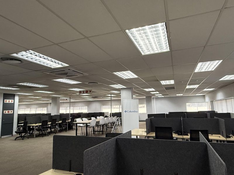 Spacious open-plan office area featuring suspended ceilings, recessed lighting, central air conditioning, and integrated workstation partitions.