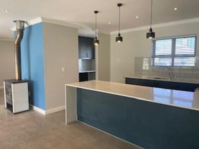 Modern open-plan kitchen and living area featuring a central island, quartz countertops, sleek cabinetry, and a contemporary freestanding fireplace.