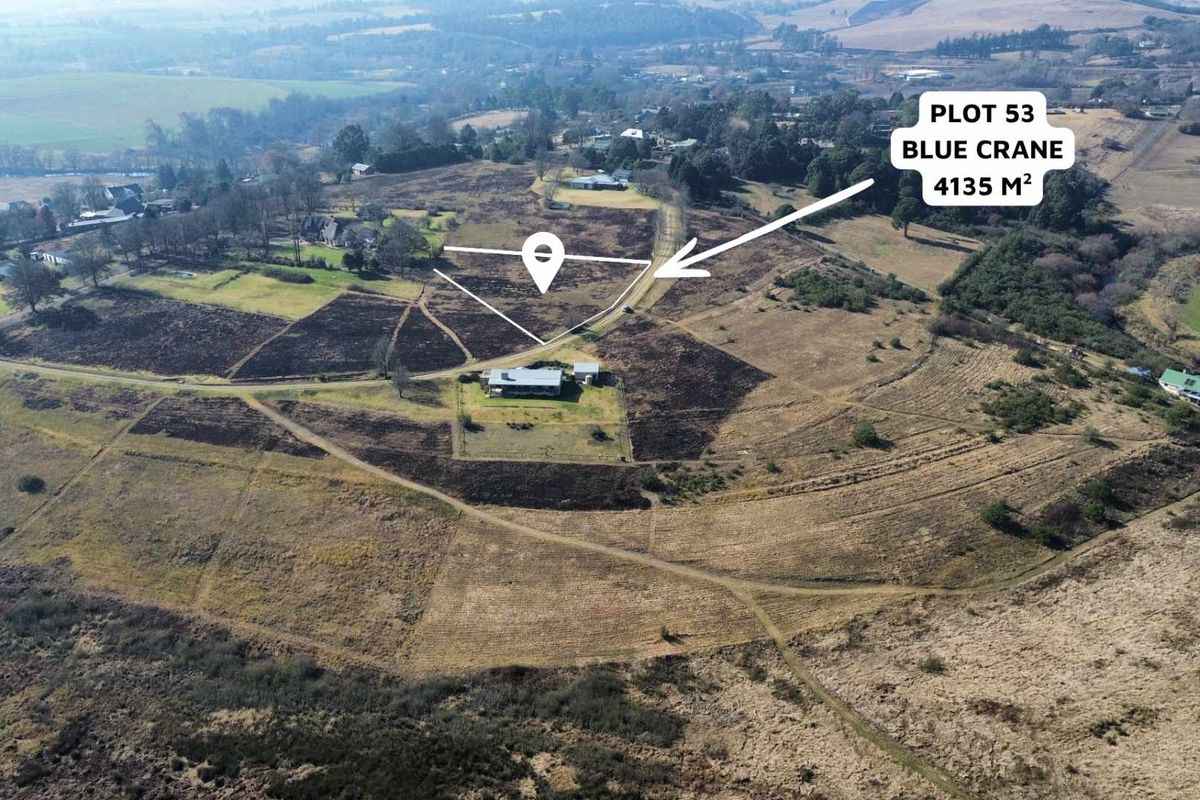 An aerial view of a 4135 square meter residential plot in a rural estate setting, showing surrounding landscape and access roads.