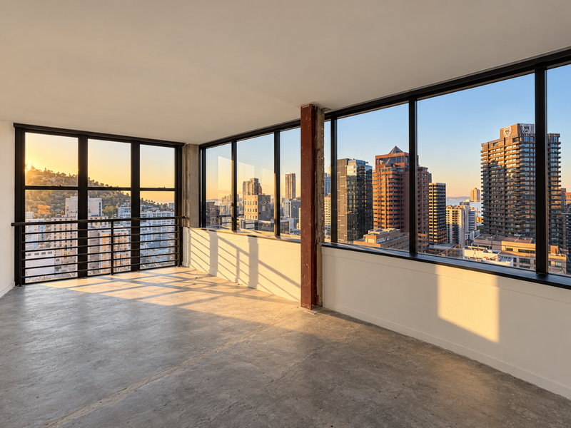 Spacious open-plan interior featuring floor-to-ceiling windows with expansive city views, exposed structural column, and raw concrete flooring.