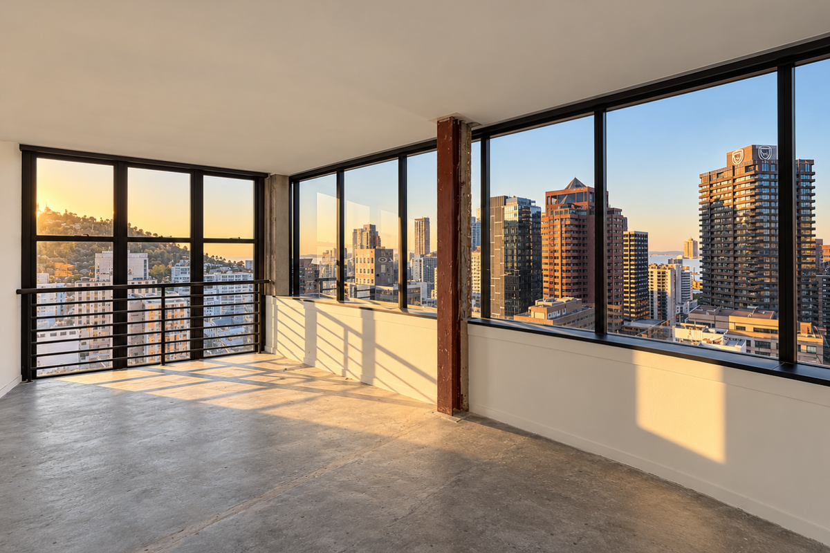 Spacious open-plan interior featuring floor-to-ceiling windows with expansive city views, exposed structural column, and raw concrete flooring.