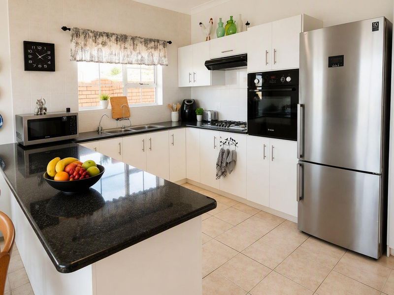A well-maintained kitchen featuring white cabinetry, dark granite countertops, a built-in oven, gas hob, and tiled flooring.