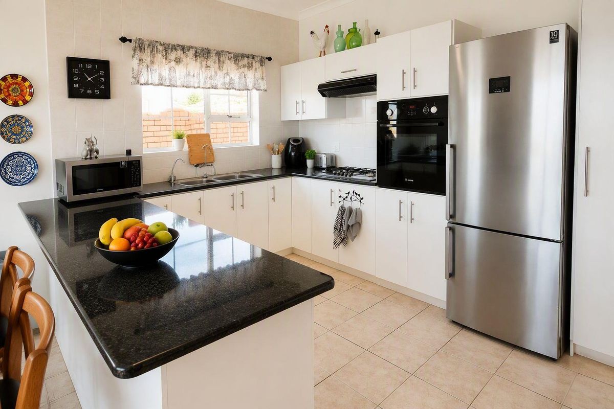 A well-maintained kitchen featuring white cabinetry, dark granite countertops, a built-in oven, gas hob, and tiled flooring.