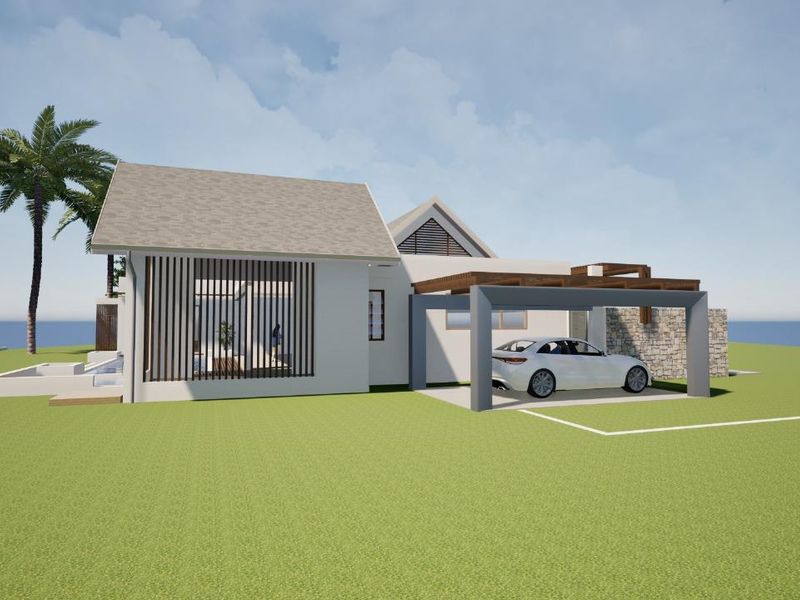 A modern architectural rendering of a residential property featuring a carport, timber slat detailing, and a clean, contemporary facade design.