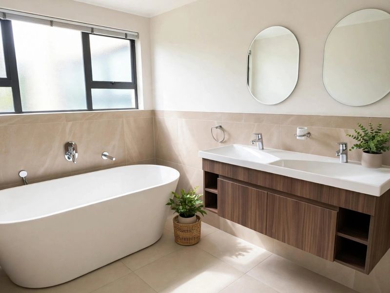 Modern bathroom featuring a sleek freestanding bathtub, a contemporary double vanity with integrated basins, and neutral wall and floor tiling.