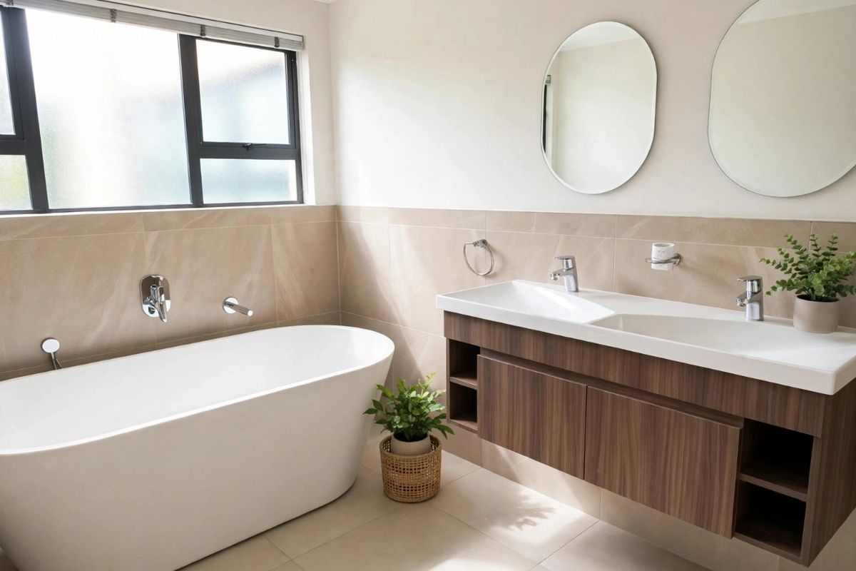 Modern bathroom featuring a sleek freestanding bathtub, a contemporary double vanity with integrated basins, and neutral wall and floor tiling.