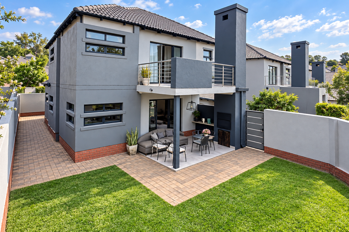 Rear view of a modern townhouse featuring a paved patio, built-in braai, upper-level balcony with stainless steel balustrade, and a well-maintained private garden.