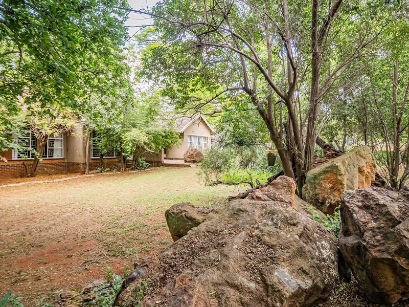A spacious, mature garden featuring large decorative boulders, established trees, and a view of the brick-clad house exterior with security bars on windows.