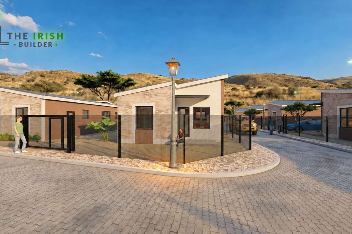 A modern residential development featuring brick-clad homes with skillion roofs, paved driveways, and secure perimeter fencing in a landscaped estate setting.