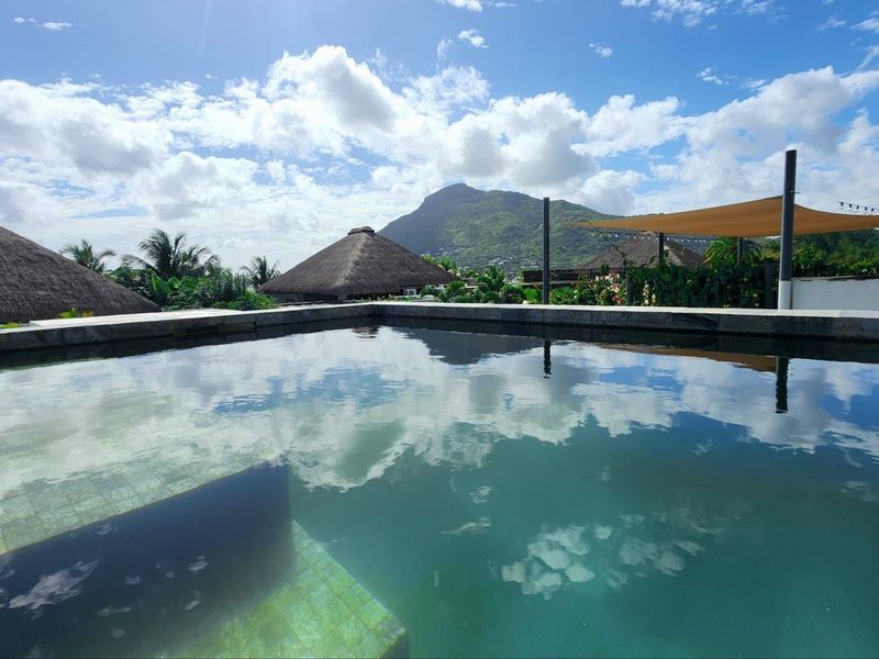 A private swimming pool featuring stone coping and a scenic mountain view, set within a tropical outdoor environment.