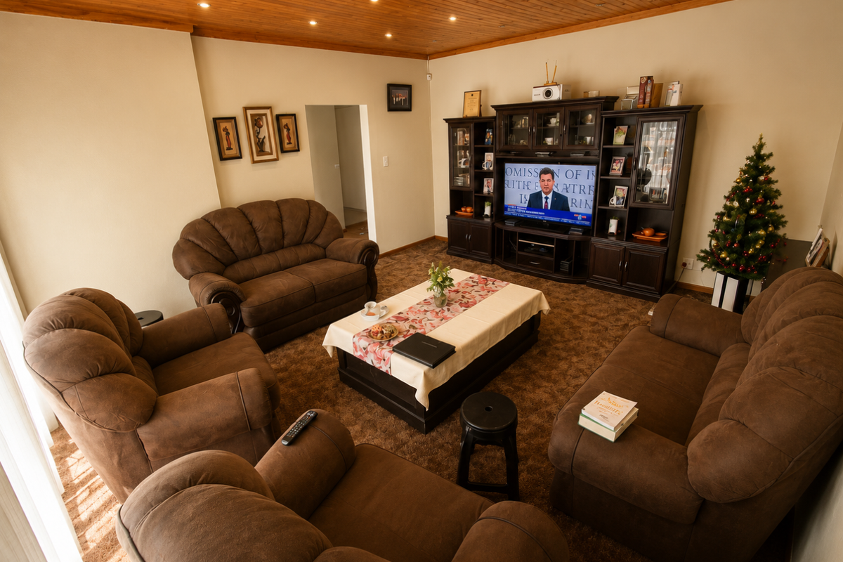 A comfortable living room featuring a warm timber tongue and groove ceiling with recessed downlights and carpeted flooring.