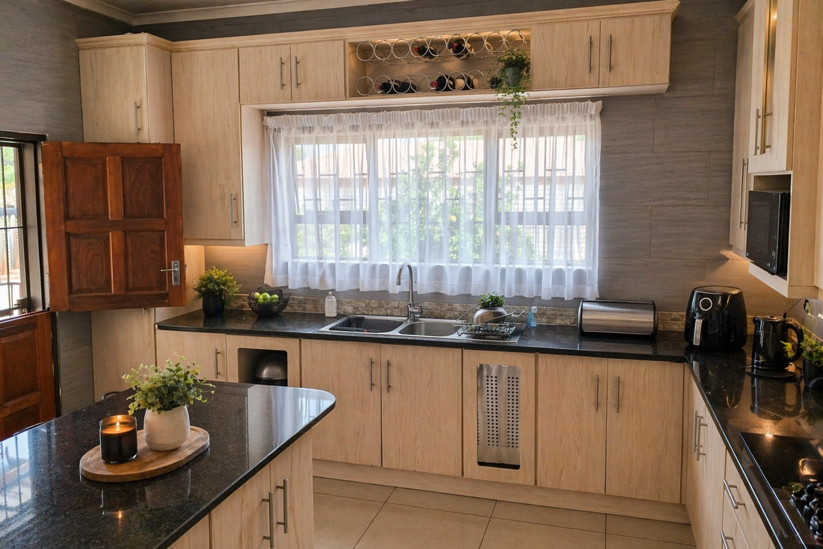 A well-maintained kitchen featuring light wood cabinetry, dark granite countertops, a central island, and a double sink with a window view.