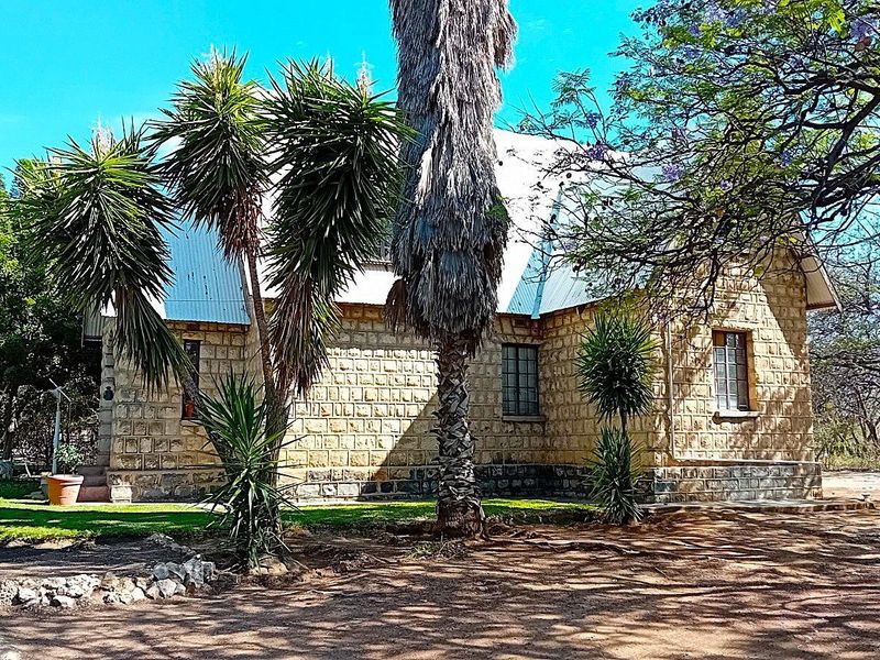Rear view of a stone-clad building featuring a corrugated metal roof and steel-framed windows, set within a mature garden landscape.