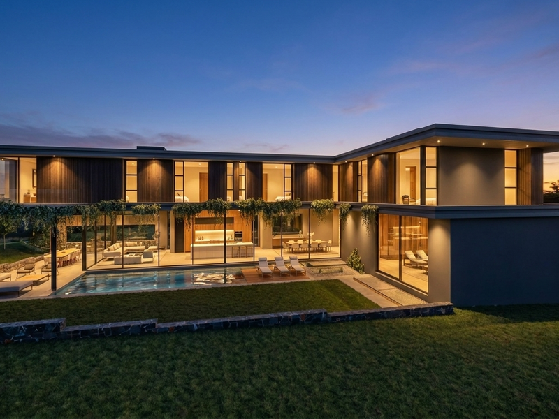 Modern luxury residence featuring a rear swimming pool, expansive covered patio, and floor-to-ceiling glass walls set against a landscaped garden at dusk.