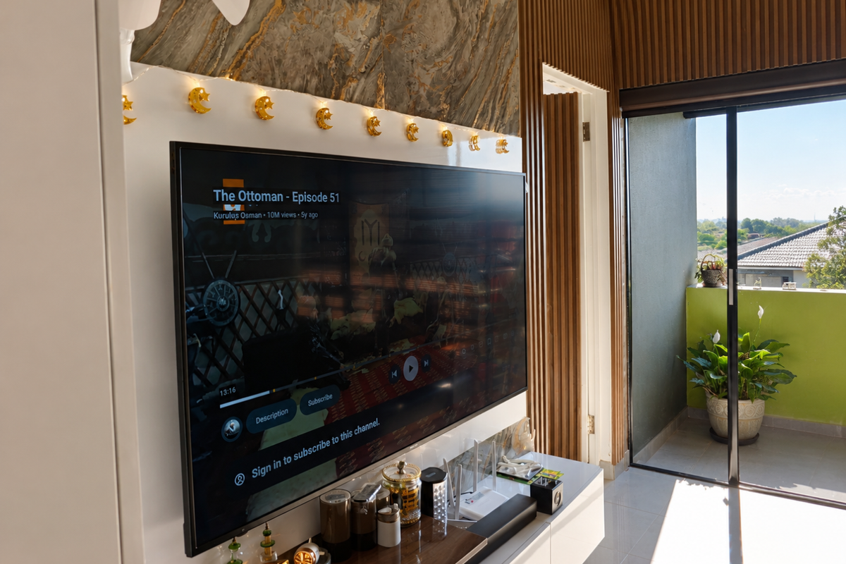 Modern living room featuring a marble-effect feature wall, timber slat accents, and direct access to a private balcony through sliding glass doors.
