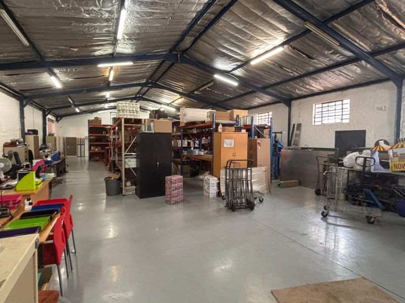 Spacious industrial utility or warehouse area featuring exposed steel roof trusses, durable concrete flooring, and functional fluorescent lighting, suitable for storage or workshop use.