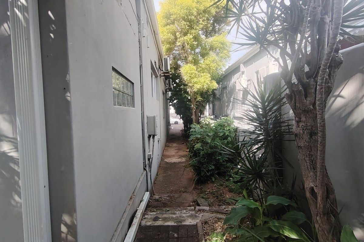 A narrow side alleyway between two commercial building structures featuring concrete paving, exterior wall mounted air conditioning units, and overgrown garden landscaping.