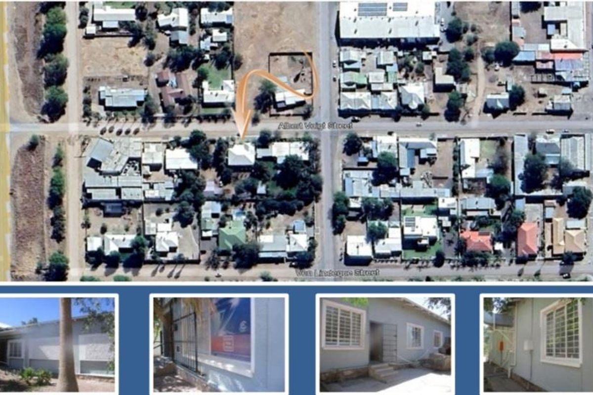 An aerial view of the property location within the neighborhood, accompanied by exterior views showing the building facade, windows, and security features.