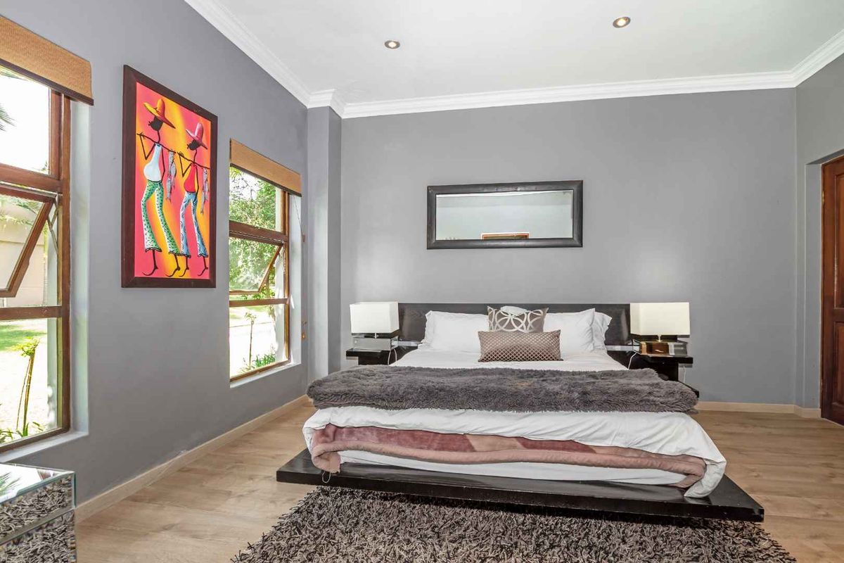 A well-maintained bedroom featuring light wood-look flooring, grey painted walls, large windows with wooden blinds, and recessed ceiling lighting.