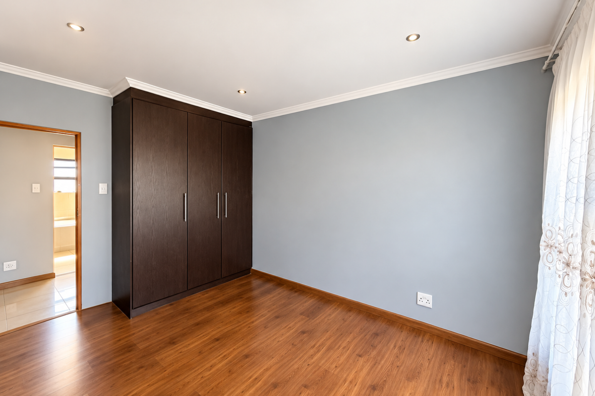 A bright, empty bedroom featuring dark wood-toned laminate flooring, a large built-in wardrobe, and recessed ceiling lighting.