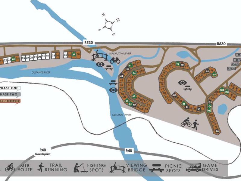 A detailed site map of Elephant Rock Eco Estate, illustrating the layout of residential plots, river access, and estate amenities.