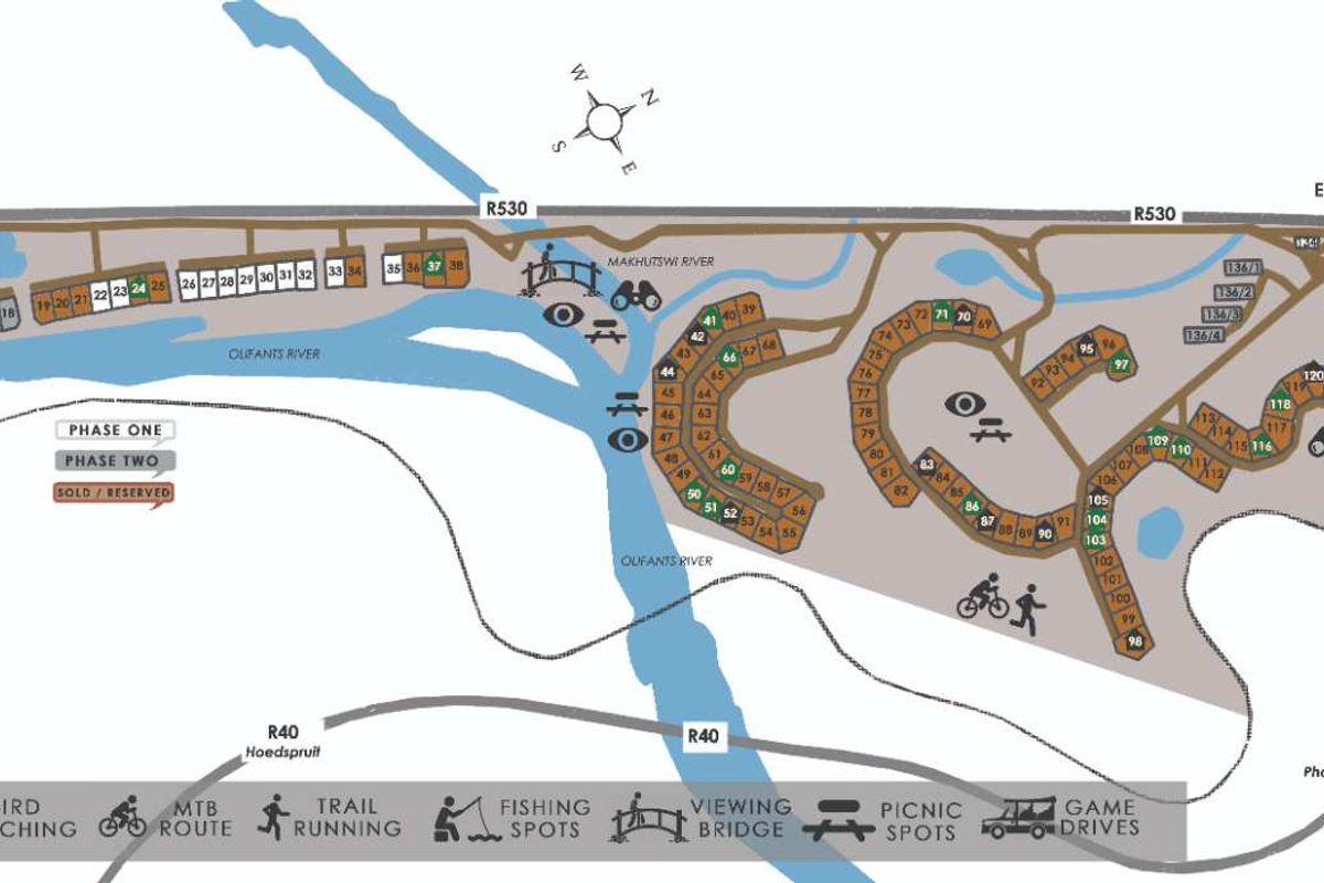 A detailed site map of Elephant Rock Eco Estate, illustrating the layout of residential plots, river access, and estate amenities.