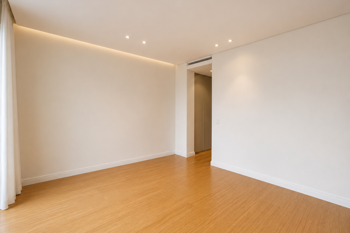 A bright, minimalist bedroom featuring light wood flooring, recessed ceiling lighting, and a clean, neutral aesthetic with a doorway leading to a closet area.