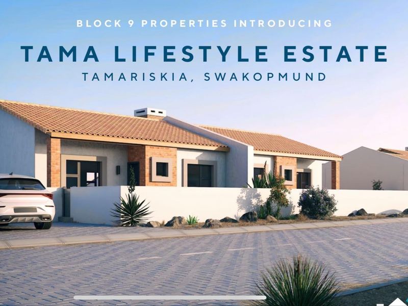 A digital rendering of the Tama Lifestyle Estate in Tamariskia, Swakopmund, showcasing modern residential architecture with tiled roofs and paved driveways.