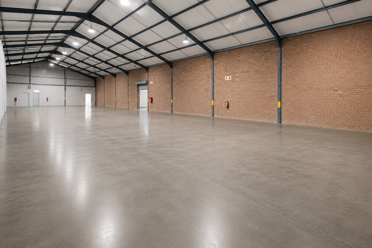 Spacious industrial warehouse featuring polished concrete flooring, exposed brick walls, and a high-clearance steel portal frame structure with integrated lighting.