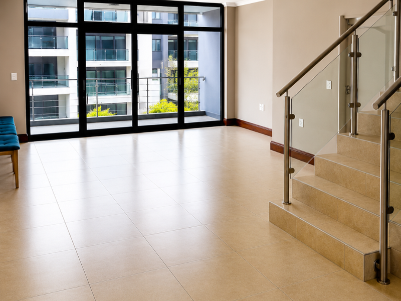 Spacious, light-filled living area featuring neutral tiled flooring, a modern staircase with glass balustrades, and large sliding doors opening to a balcony.