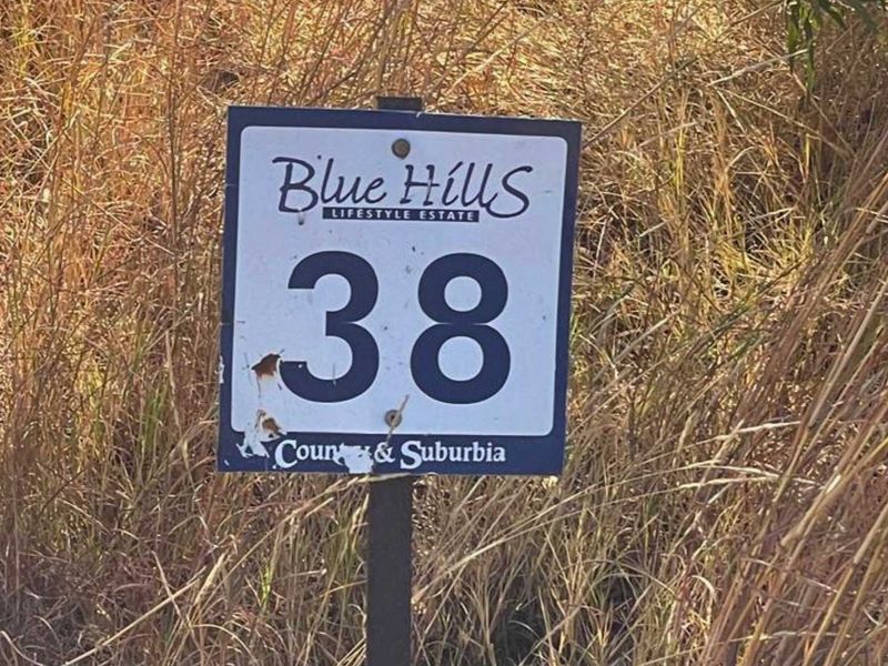 A property signage marker for lot 38 located within the Blue Hills Lifestyle Estate.