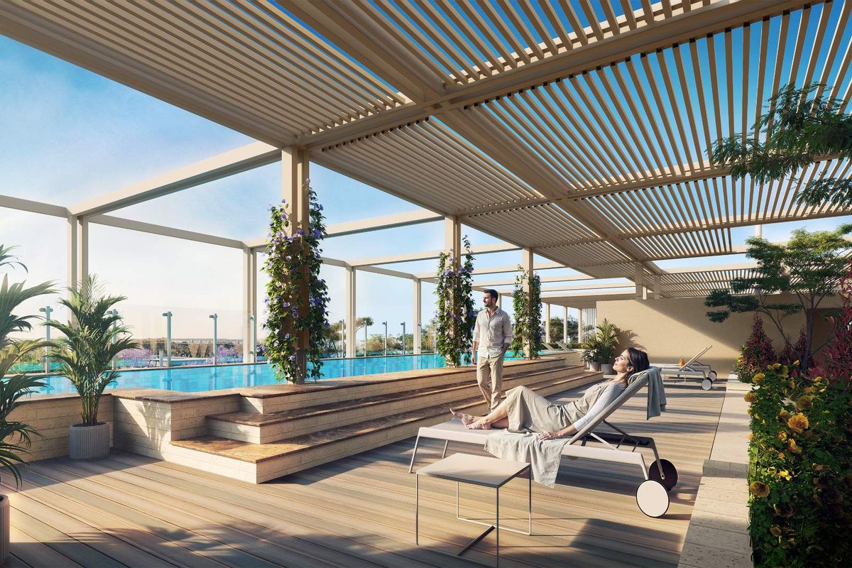 A luxurious penthouse pool area featuring a modern swimming pool, timber decking, and a stylish slatted pergola structure for shaded outdoor relaxation.